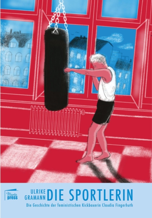 Das illustrierte Buchcover zeigt eine Boxer*in, die vor einem geöffneten Fenster gegen einen Boxsack schlägt.