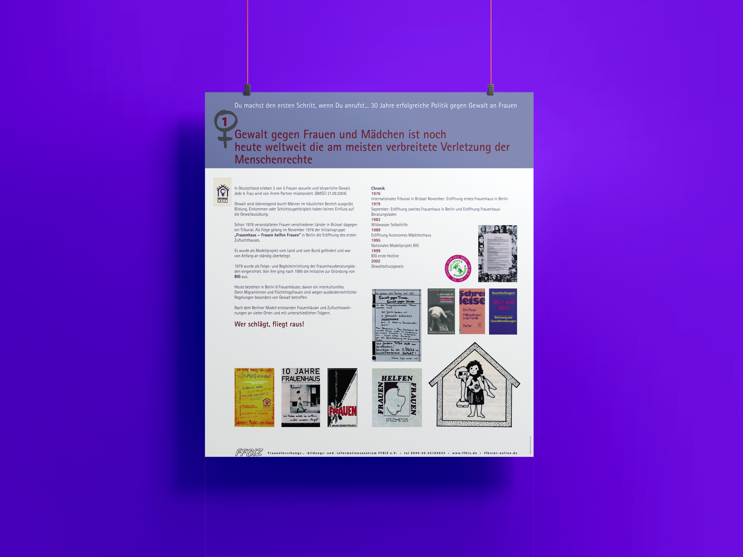 Hängende Ausstellungstafel vor lilafarbenem Hintergrund zur Wanderausstellung „Du machst den ersten Schritt, wenn Du anrufst…“ – 30 Jahre erfolgreiche Politik gegen Gewalt an Frauen und Mädchen in Berlin