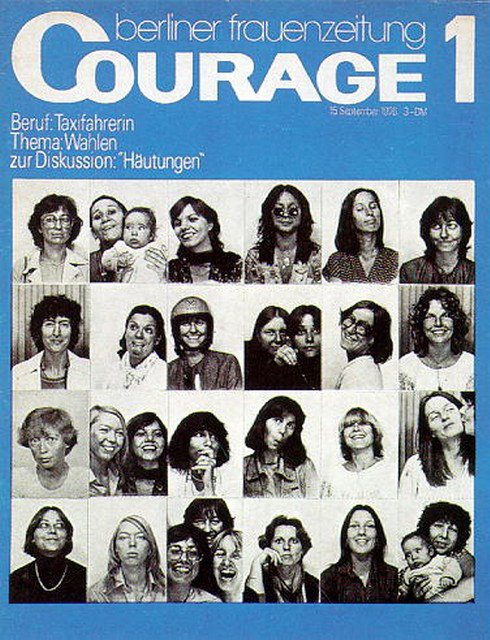 Titelbild der 1. Ausgabe der Courage Zeitung zeigt Aneinanderreihung von diversen Frauenporträts auf Passbildern