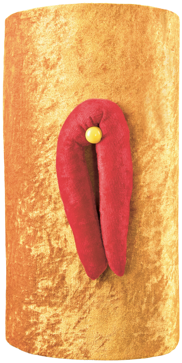 rotes Objekt aus Samt als Möse mit gelbem Knopf als Klitoris auf gelben mit Samtstoff bespannten Hohlkörper
