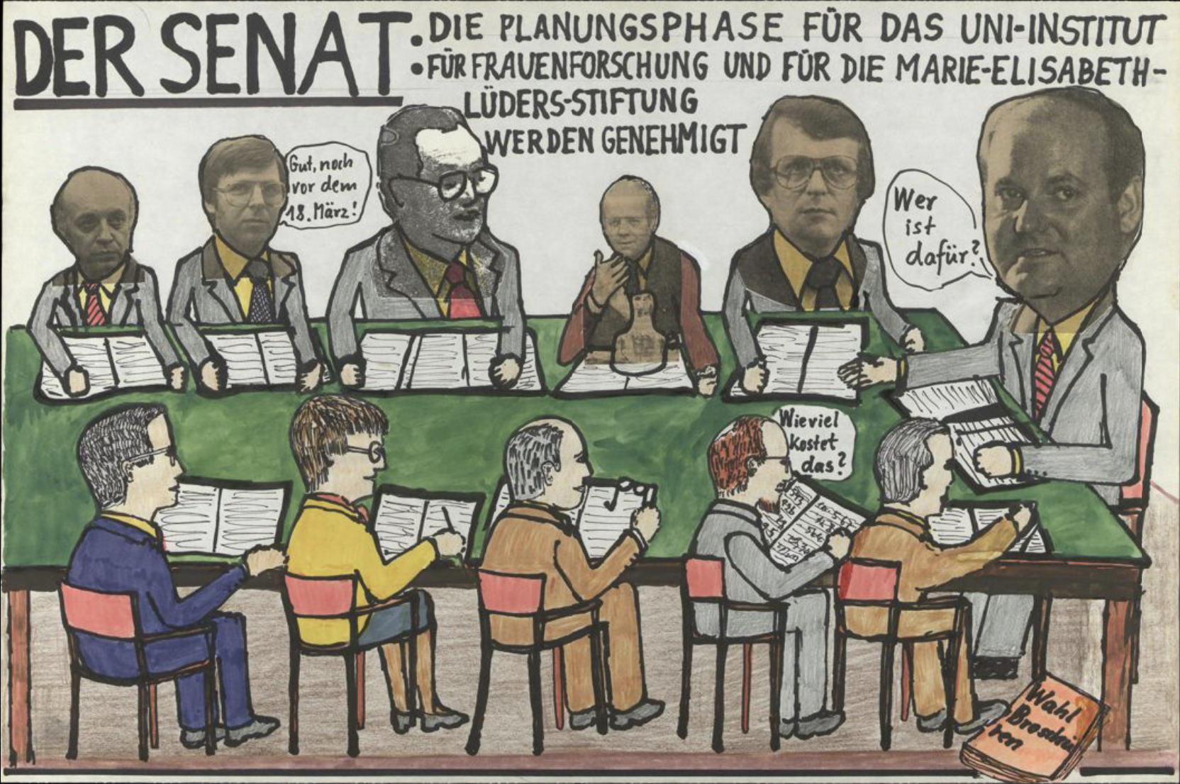 Bildcollage als Teil eines Wandfries zur Dokumentation der FFBIZ-Geschichte: Darstellungen mit Sprechblasen zeigen Treffen von ausschließlich männlichen Senatsmitarbeitern, darüber der Text „Der Senat: Die Planungsphase für das Uni-Institut für Frauenforschung und für die Marie-Elisabeth-Lüders-Stiftung werden genehmigt“