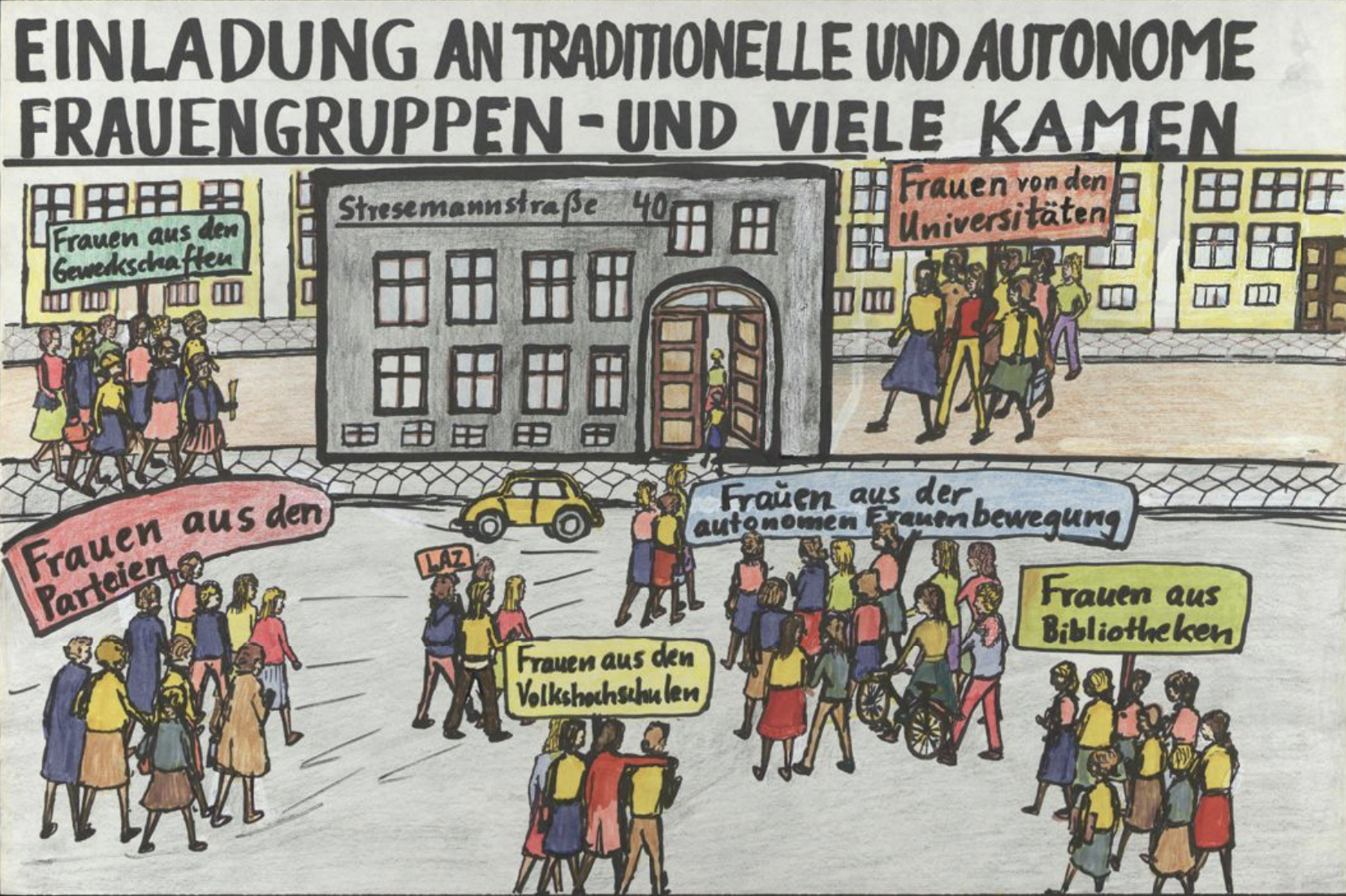 Bildcollage als Teil eines Wandfries zur Dokumentation der FFBIZ-Geschichte: Darstellung mit Sprechblasen zeigt Frauengruppen vor der Stresemannstraße 40, darüber Text „Einladung an traditionelle und autonome Frauengruppen - und viele kamen“