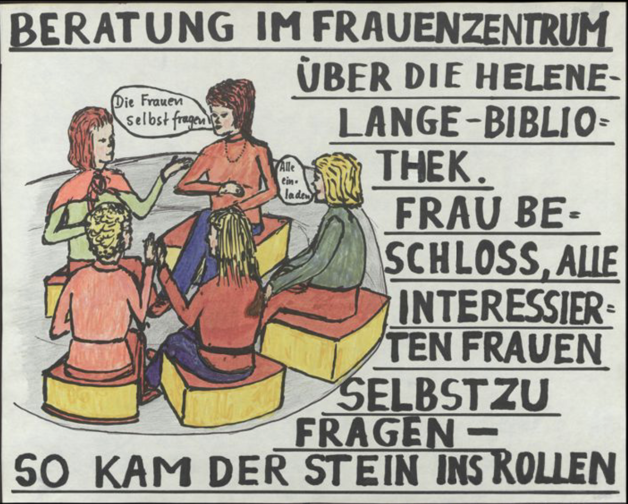 Bildcollage als Teil eines Wandfries zur Dokumentation der FFBIZ-Geschichte: Darstellung mit Sprechblasen zeigt fünf Frauen im Kreis sitzend, daneben der Text „Beratung im Frauenzentrum über die Helene-Lange-Bibliothek. Frau beschloss, alle interessierten Frauen selbst zu fragen - so kam der Stein ins Rollen“