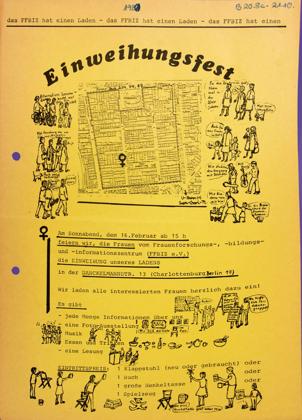 schwarze Zeichnungen und Comics auf gelbem Hintergrund; Einladung zum Einweihungsfest mit weiterführenden Infos