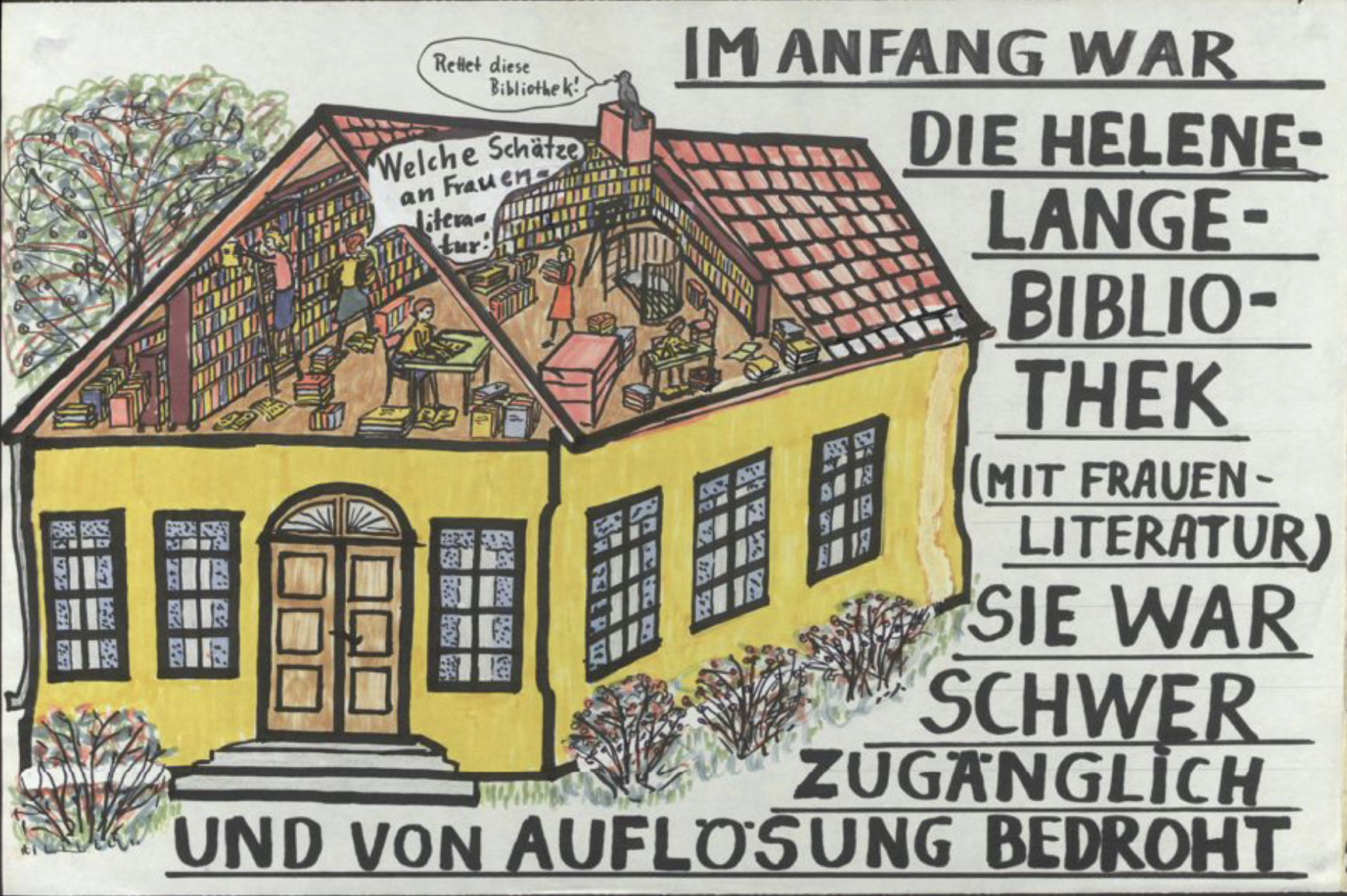 Bildcollage als Teil eines Wandfries zur Dokumentation der FFBIZ-Geschichte: Zeichnung eines Gebäudes mit einer Bibliothek im Dachgeschoss, daneben der Text „Am Anfang war die Helene-Lange-Bibliothek (mit Frauen-Literatur). Sie war schwer zugänglich und von Auflösung bedroht“