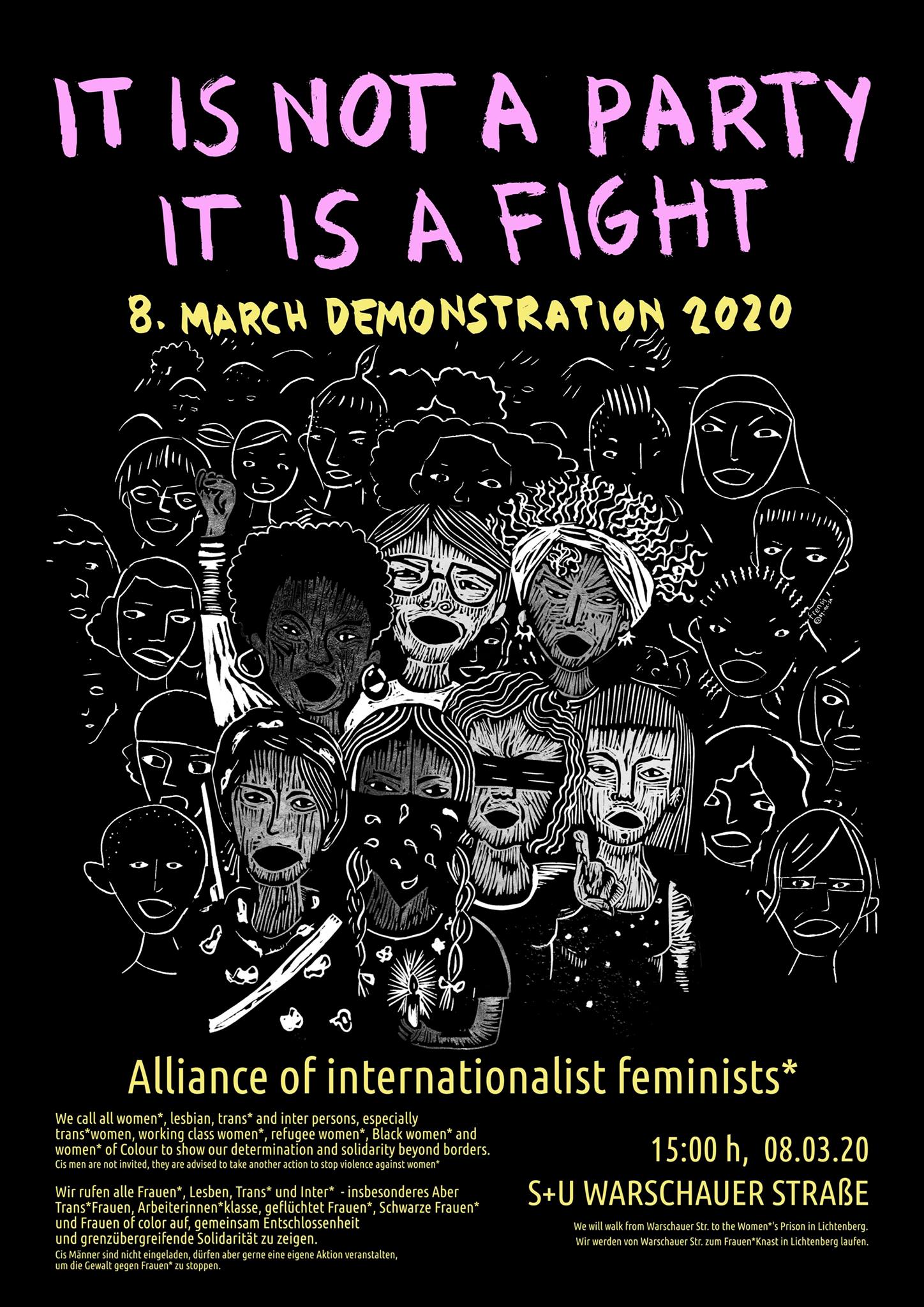 Aufruf zum Frauentag 2020 in gelber und pinker Schrift auf schwarzem Hintergrund zeigt Zeichnung von diversen Frauengesichtern